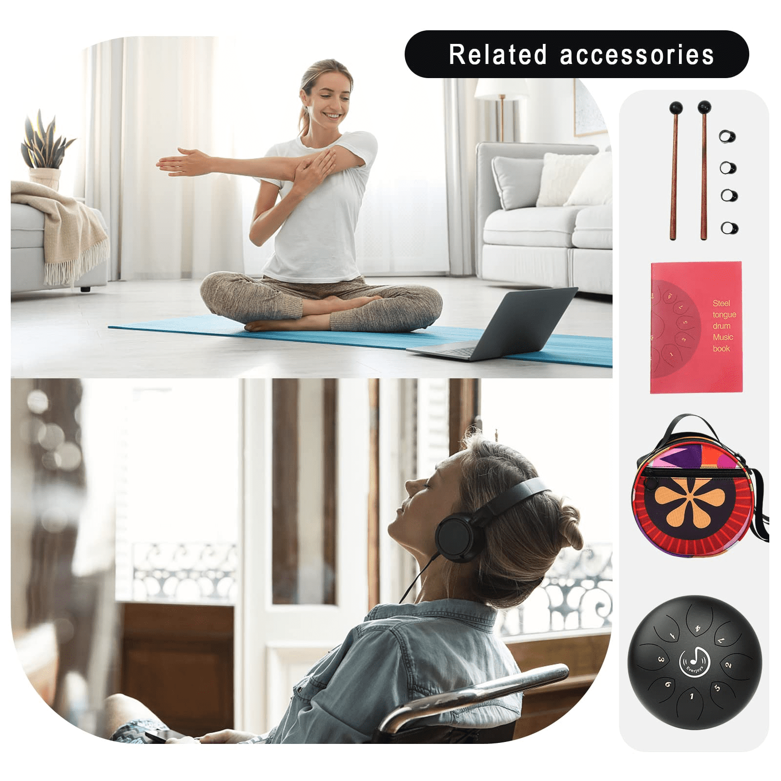 EVERJOYS Steel Tongue Drum, 8 Notes 6 Inches C-Key Handpan Drum Percussion Instrument w/Gig Bag, Music Book and Mallets for Beginner Meditation Healing Concert Yoga Steel Drum,Black