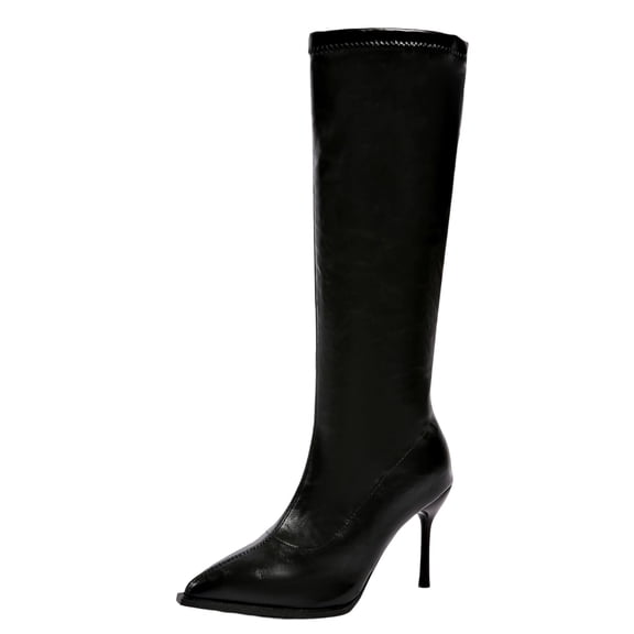 Abomasnow Women's PU Knee High Boots Pointed Toe Slim Stiletto Heel Seam Detail Pull‑On Design Tall Dress Boots for Night Out Events And Fall Winter Stylish Outfits