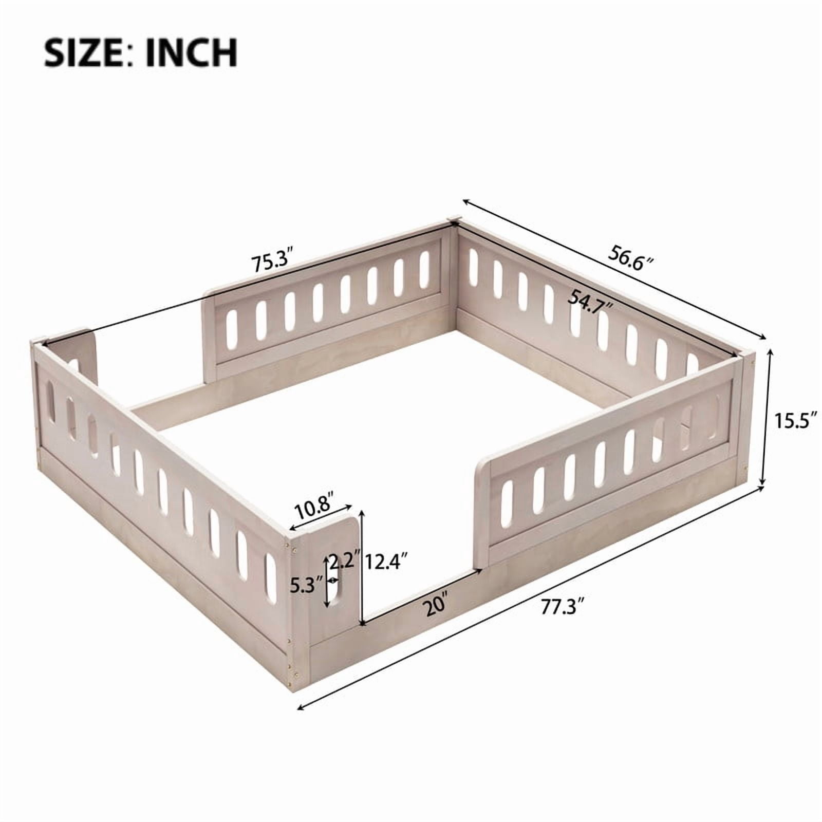 Full Size Low Profile Platform Bed with Guardrails, Wooden Montessori Kids Floor Bed without Support Slat