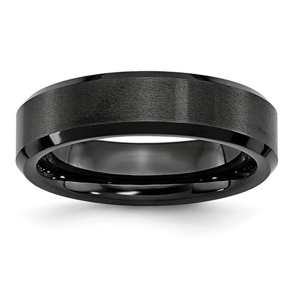 Black Ceramic Beveled Edge 6mm Brushed and Polished Band Ring - Size 6.5