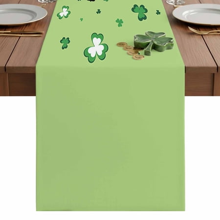 St Patrick s Table Runner 18 x 72 Inch Day Kiss Me I m Irish Shamrock Dwarf Green Background Washable Cotton Linen Dining Table Runner Tabletop Decorations for Restaurant Home Kitchen Party