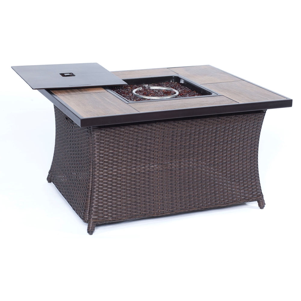Hanover Tile Top Outdoor Liquid Propane Fire Pit Flame Coffee Table Firepit Center Woodgrain Tile Table Patio Furniture with Fire Glass and Burner Cover