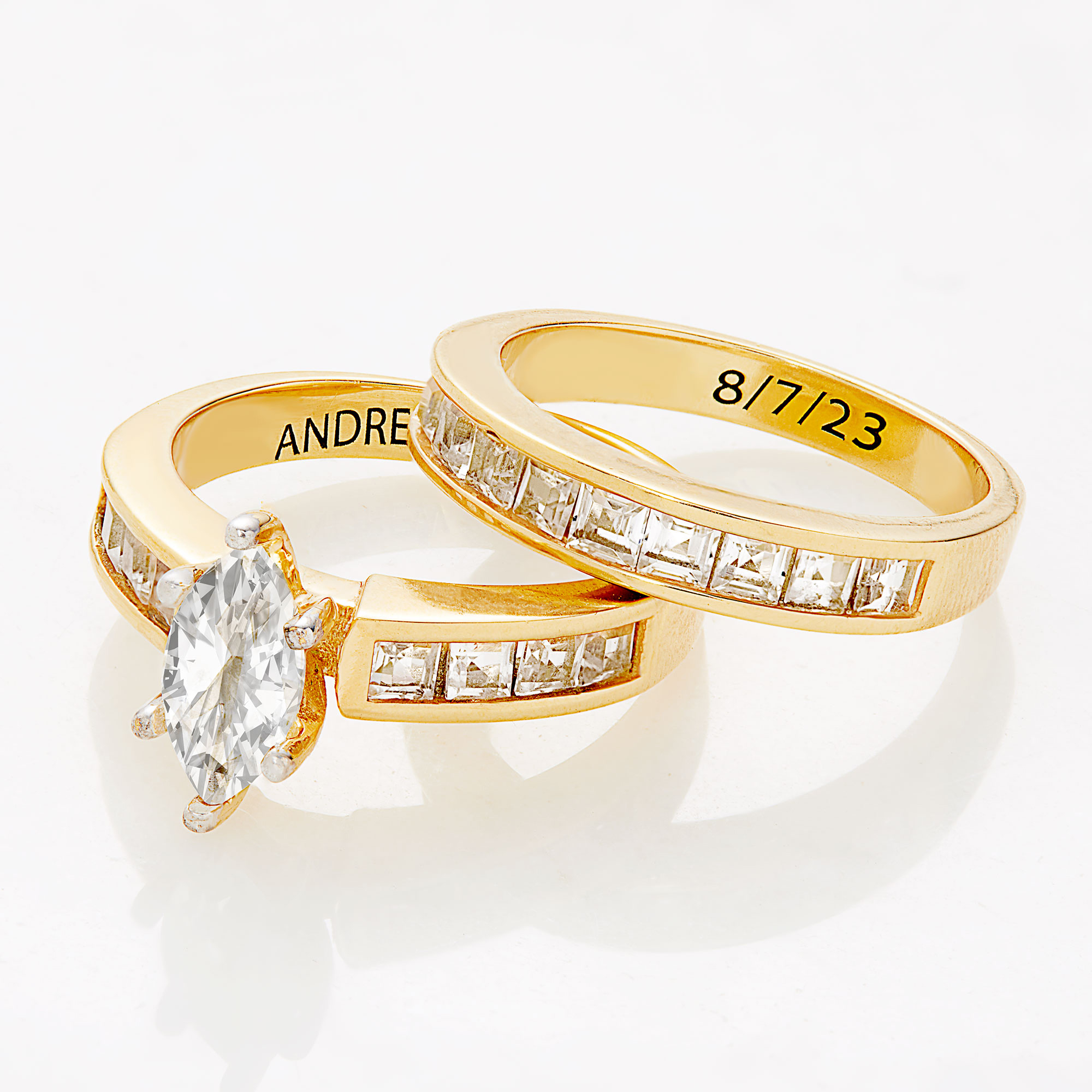 Vow & Forever Personalized Planet Bridal 14K Gold over Sterling Silver Marquise White Topaz 2 Piece Engraved Wedding Set ,Women's