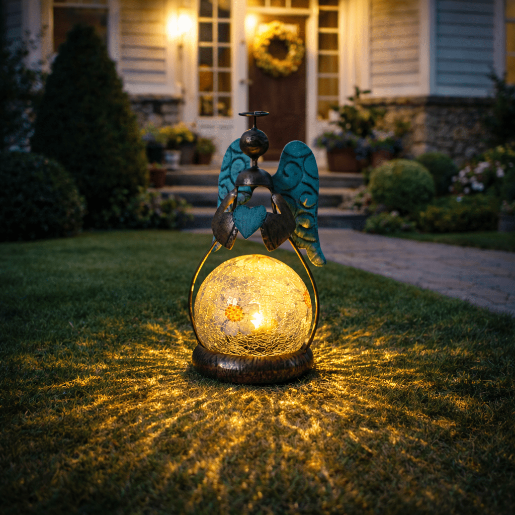 Outdoor Decor, Solar Angel Statue,Solar Statue,Crackle Glass Globe with Flower,For Patio,Gardens and Lawns Decoration