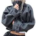 thumbnail image 3 of Women Cropped Trench Coat Zip Up Funnel Neck Short Jacket Oversized Wool Coats Fall Winter Casual Outfits Gray XS, 3 of 7