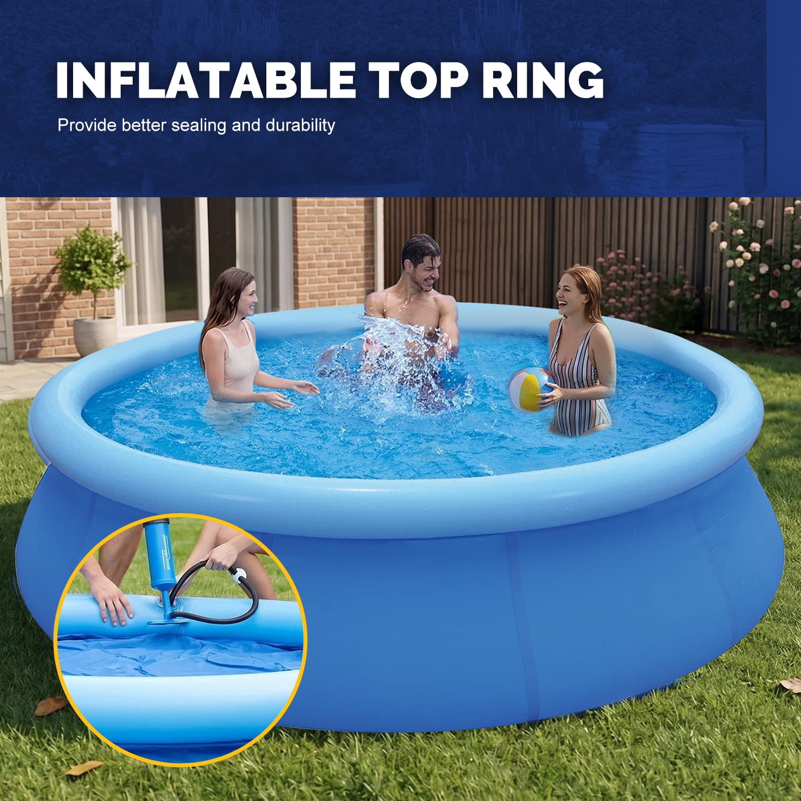 Honeydrill 10 ft x 30 in Above Ground Pools, Inflatable Top Ring Round Pool, Blue
