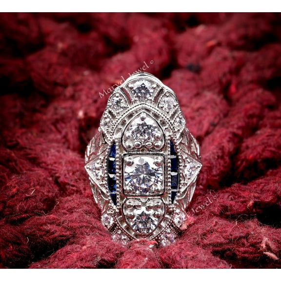 Vintage Art Deco Elongated Dinner Ring, Antique Three Stone Diamond Engagement Ring, Milgrain Ring, 925 Sterling Silver, 2.5 Ct Simulated Diamond, Mother's Day Gifts