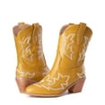 thumbnail image 5 of Womens Western Wide Mid Calf Cowboy Cowgirls Boots Vintage Leather Chunky High Heel Knight Riding Boots Yellow, 5 of 9