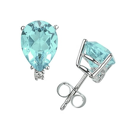 Aquamarine Pear Earrings - 7X5mm Pear Aquamarine and Diamond Stud Earrings in 14K White Gold