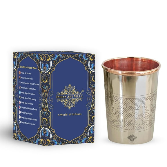 Indian Art Villa Handmade Steel Copper Embossed Drinking Glass, Silver & Brown Finish, Drinkware – 8.5 oz