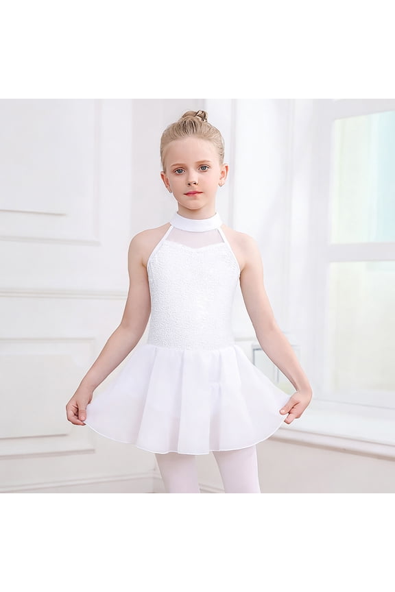 Girls Ballet Dance Romper for Girls Jump Suit with Glitter Sequins High Neck Mesh Overlay Skirt Ideal for Practice and Performances, 2-3 Years, White
