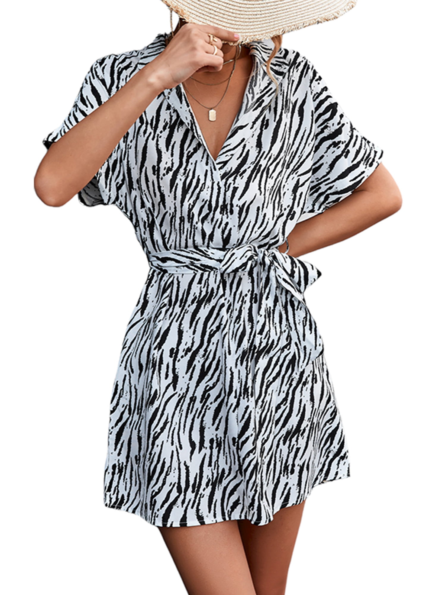 SpringTTC Women Leopard Print Lapel Neck Shirt Dress Short Sleeve