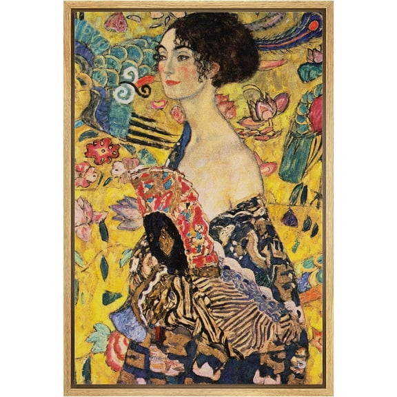 IDEA4WALL Framed Wall Art Gustav Klimt's Lady with Fan Decorative Historic Oil Painting Baroque Traditional Scenic Famous Canvas Print for Living Room, Bedroom, Office - Natural 24"x36"