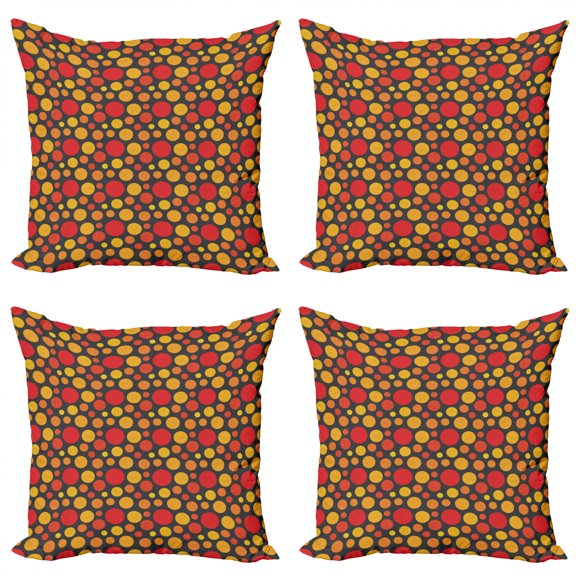 Retro Throw Pillow Cushion Case Pack of 4, Geometric Pattern of Grunge Rounds in Repetitive Irregular Sizes, Modern Accent Double-Sided Print, 4 Sizes, Dark Grey Vermilion, by Ambesonne