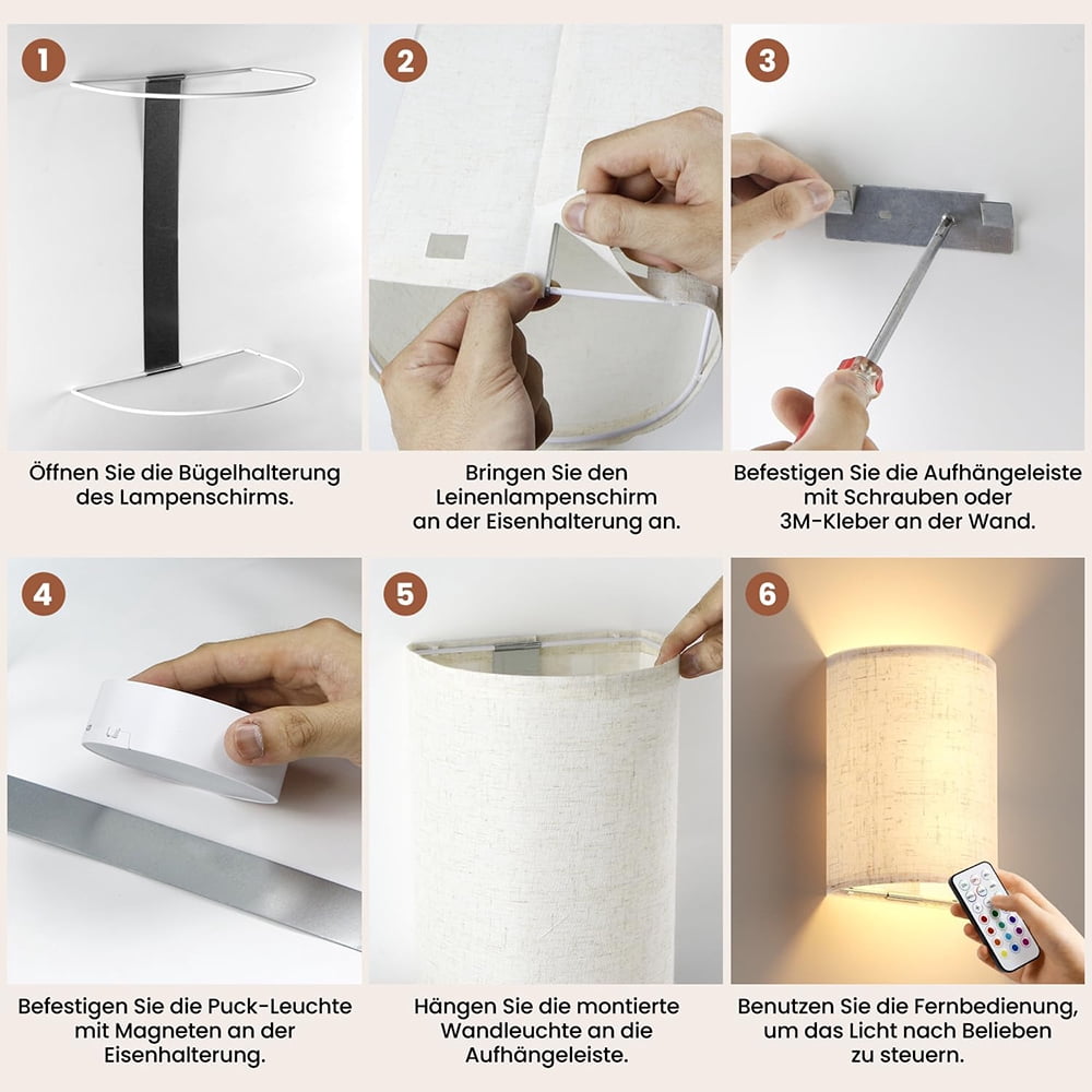 Battery Operated Wall Sconce, Rechargeable Wireless Wall Sconces Set of Two, Magnetic Wall Lamp with Remote RGB Colors for Bedroom Living Room Hallway, Fabric Linen Shade