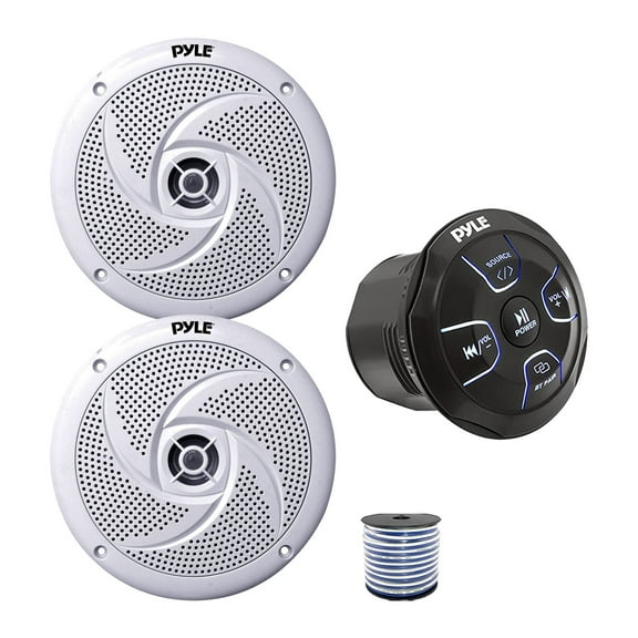 Pyle PLMRBT20 Marine 4-Channel Amplified Wireless Bluetooth Audio Controller, 2x 8'' 320 Watt Max Power Low Profile 2-Way Marine Speakers (White) w/Wire for Car, Truck, Boat, PowerSport Vehicles