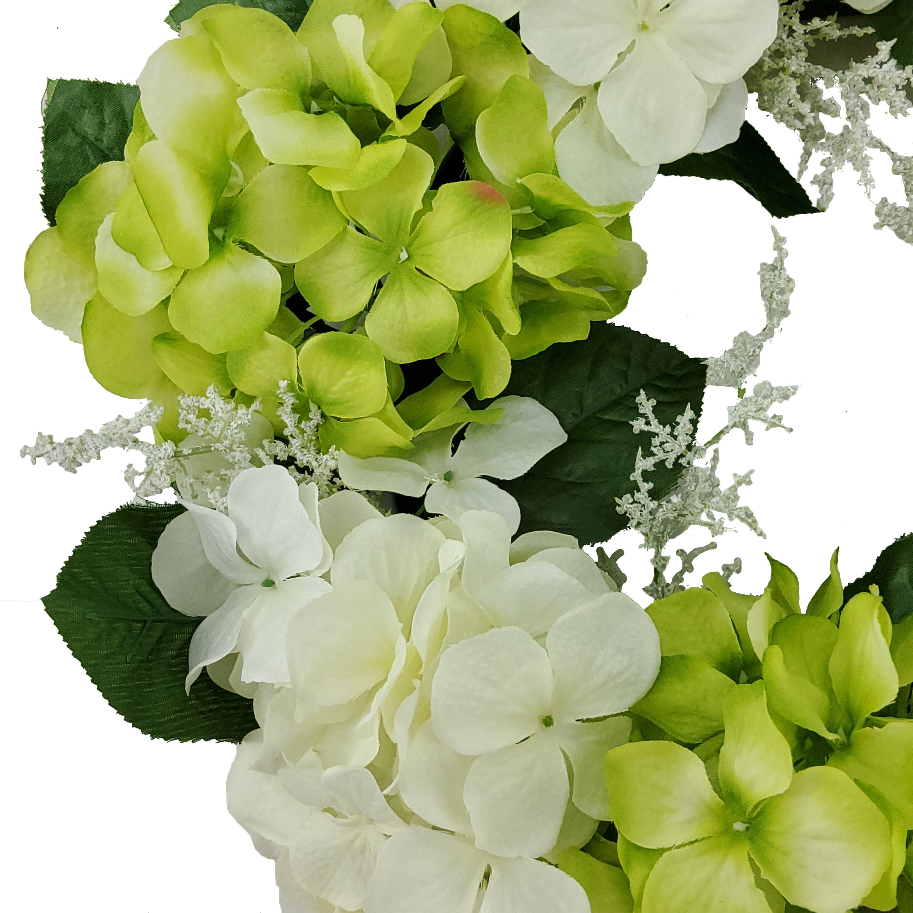 (2 pack) Mainstays 17in Indoor Artificial Hydrangea Wreath, Green Color. Made of Polyester.