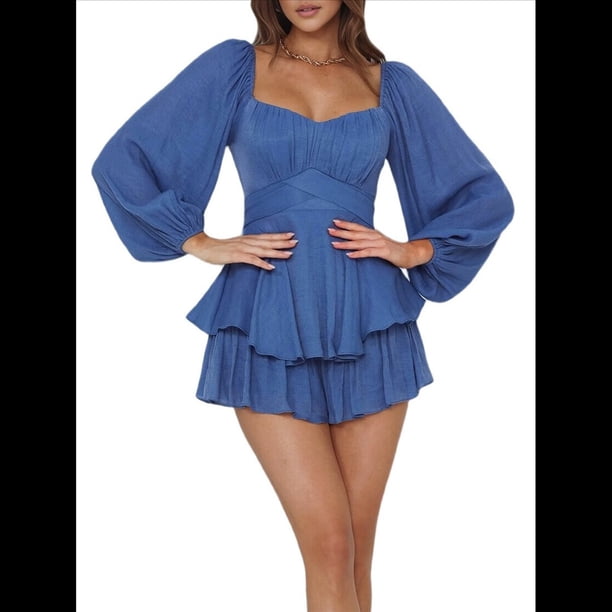 Mono Corto con Mangas Largas y Volantes para Mujer, Estilo Farol, con Lazo y Lazo Azul XL