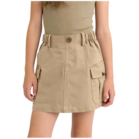 Cethrio Girls Cotton Skirts Size 14, Elastic Waist Vacation Summer Casual Summer Skirts Khaki