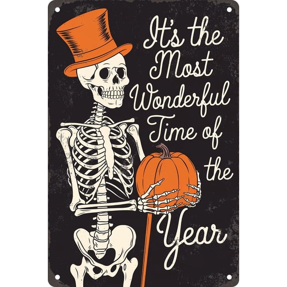 Vintage Skeleton Pumpkin Metal Tin Sign, Halloween Wall Decor for Home Bar Coffee Kitchen, 8x12 Inches