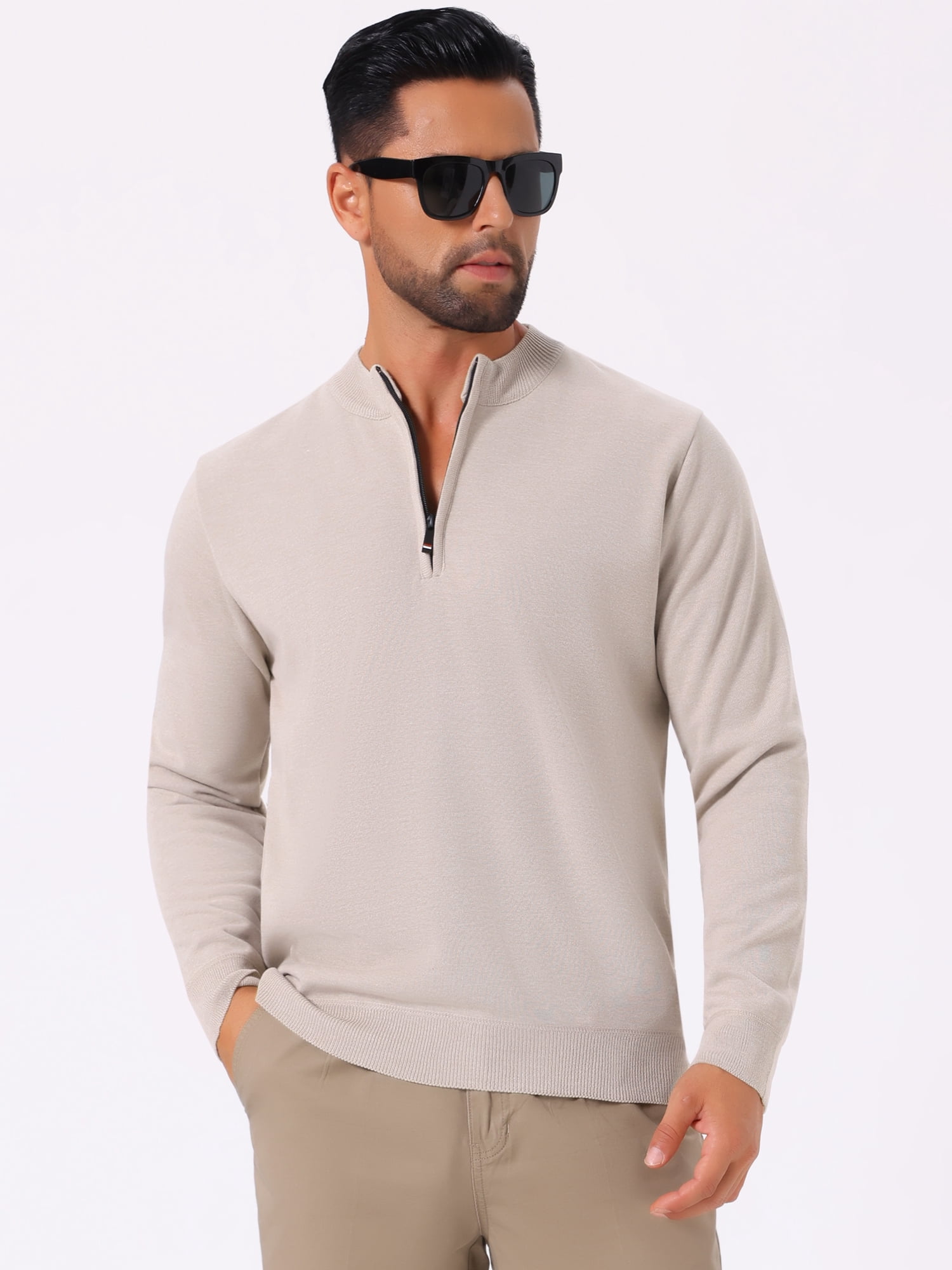DARING DIVA Men's Mock Neck Pullover Quarter Zip Knitted Polo Sweater L Beige