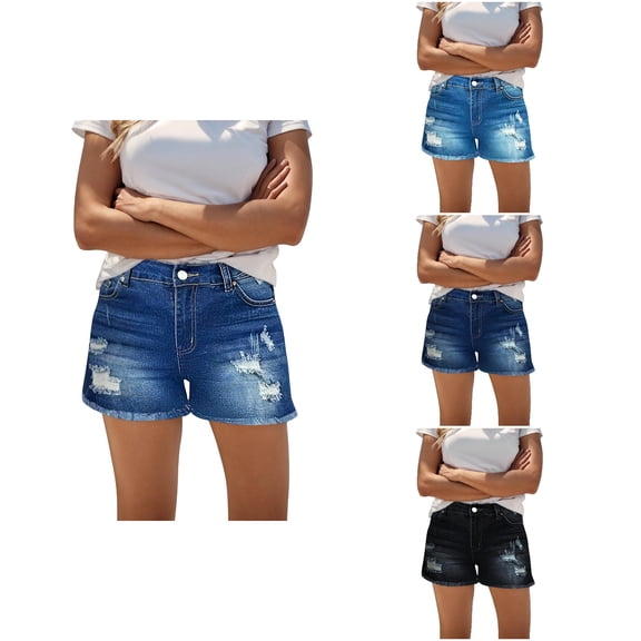 Loopsun Womens Summer Solid Denim Button Zipper Casual Daily Fashion Wear Shorts with Pockets Navy, S