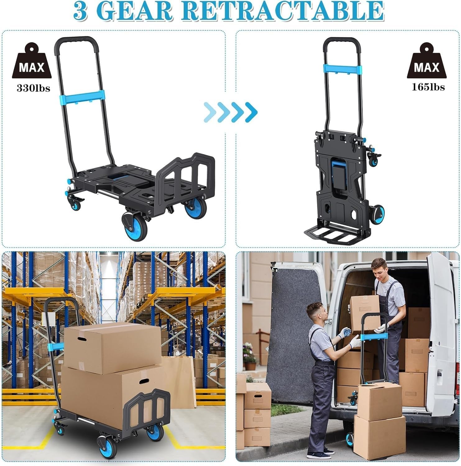 Foldable Dolly Cart with Wheels, 330 lbs Max Capacity Portable Hand Cart, 2-in-1 Heavy Duty Folding Hand Truck with Adjustable Retractable Handle for Moving,Delivery, Shopping, Office,Travel Use