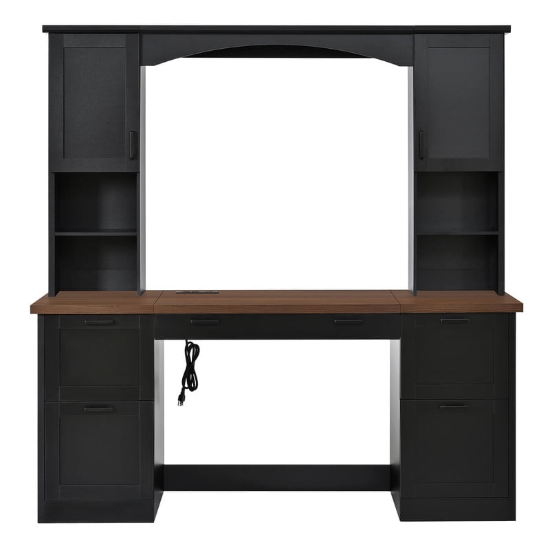 Farmhouse Arched Computer Desk with Hutch, Home Office Desk with Charging Station & Keyboard Tray, All-in-One Writing Desk with File Drawers for Study, Office