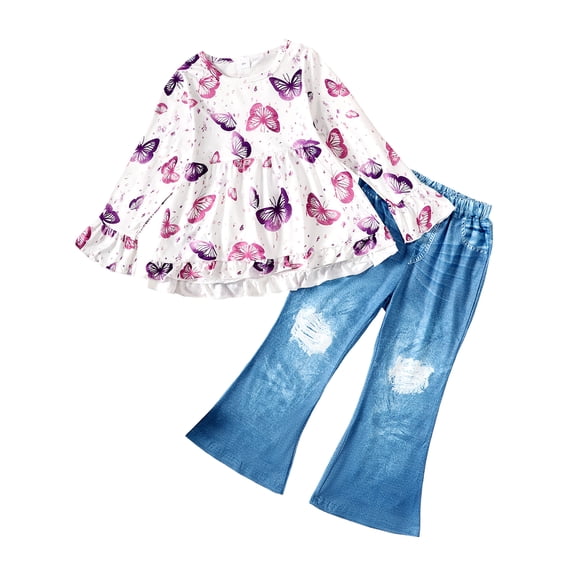 4T Toddler Baby Girls Clothes Baby Girls Outfits 4T Girls Long Sleeve Butterfly Print Top Jeans Pants 2PCS Girls Clothing Set White