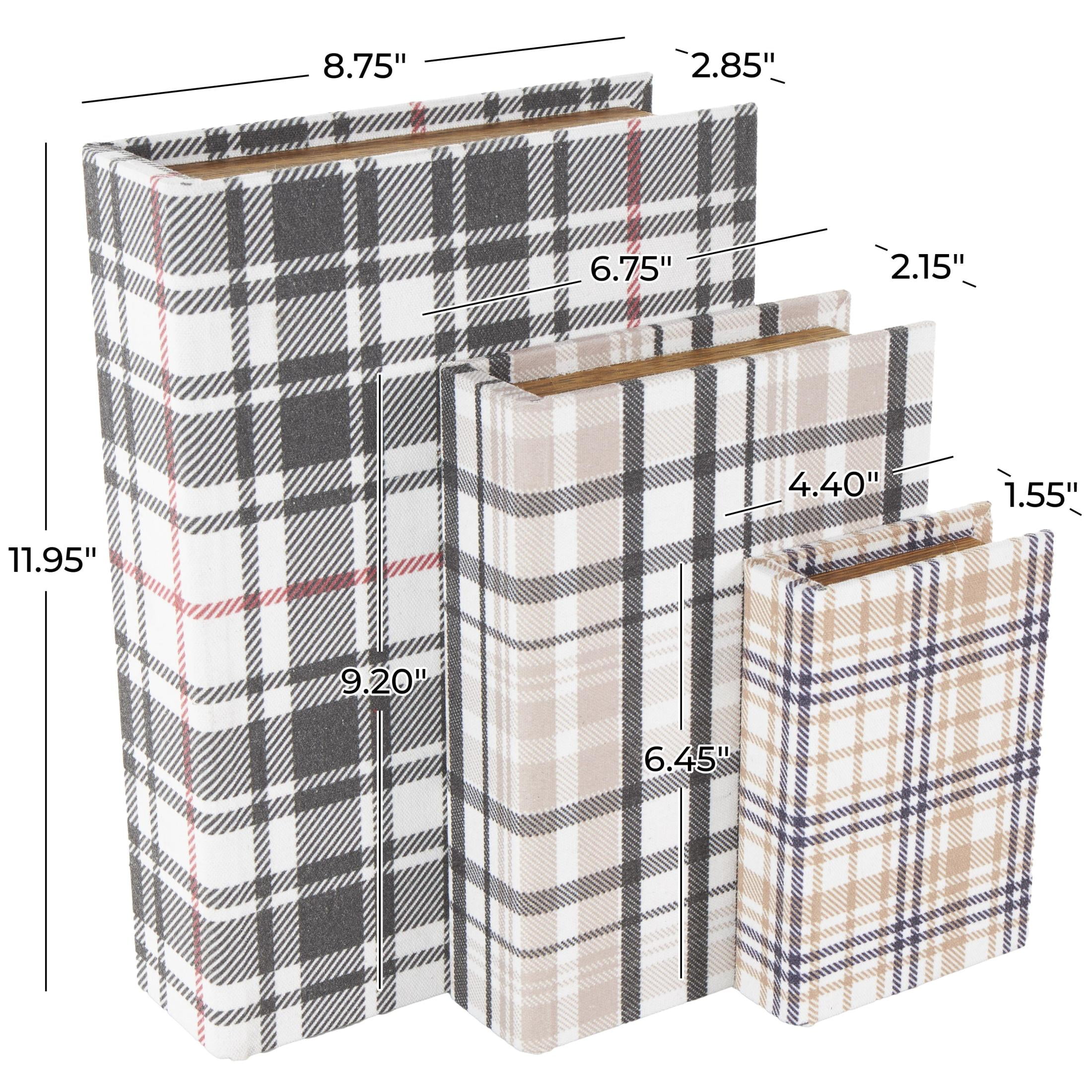 DecMode Geometric Plaid Faux Book Storage Multi Colored Canvas Decorative Box with Red and Purple Accents, 3 Count