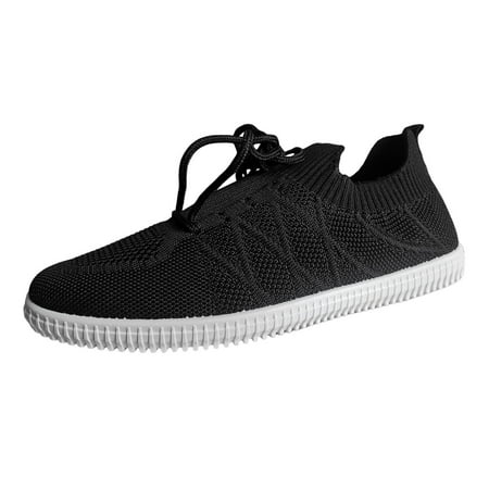QYZEU Womens Gym Shoes Sandals for Women Natural Ladies Fashion Solid Color Breathable Knitted Mesh Lace Up Flat Casual Shoes Winter Shoes Women Black 41