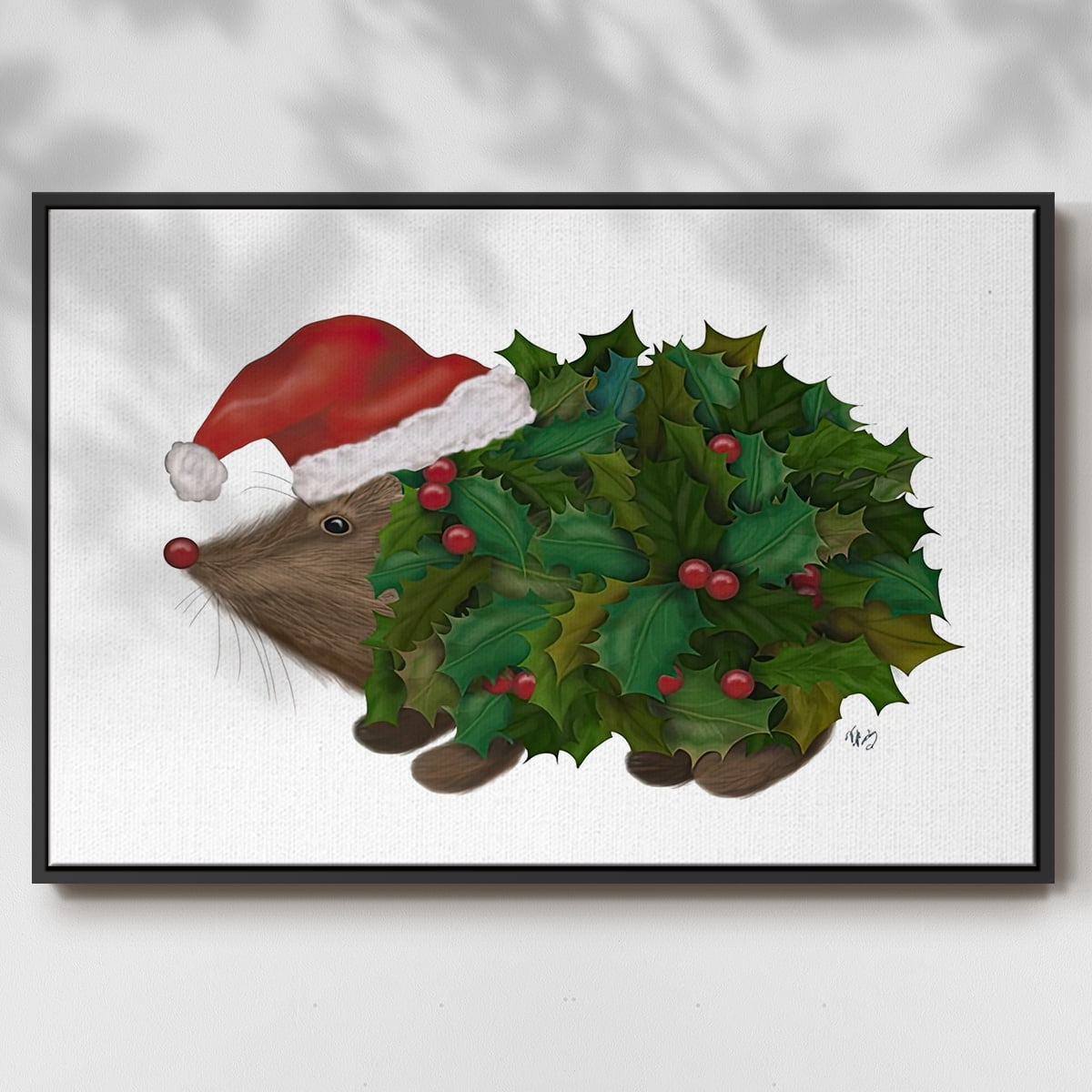 Christmas Holly Hedgehog - Framed Gallery Wrapped Holiday Canvas - 25 x 37 - Black Frame