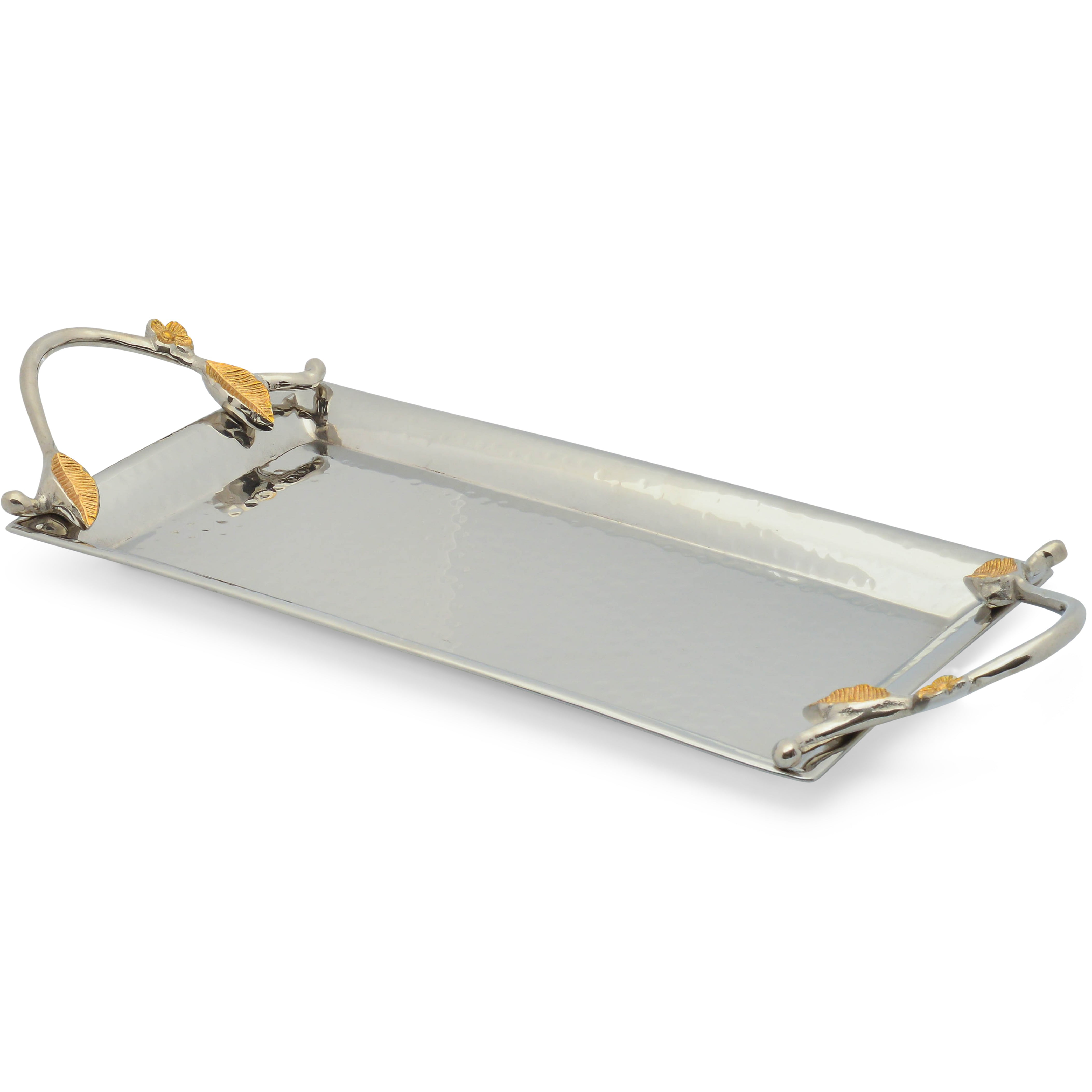 2 Elegant Rectangular Silver & Gold Stainless Steel serving tray with handles 