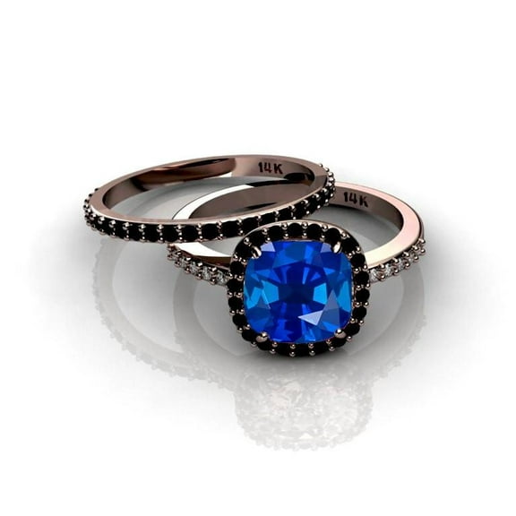 2.55 Carat 7mm Cushion Cut Blue Sapphire And Black Moissanite Diamond Halo Bridal Set in 10k Rose Gold