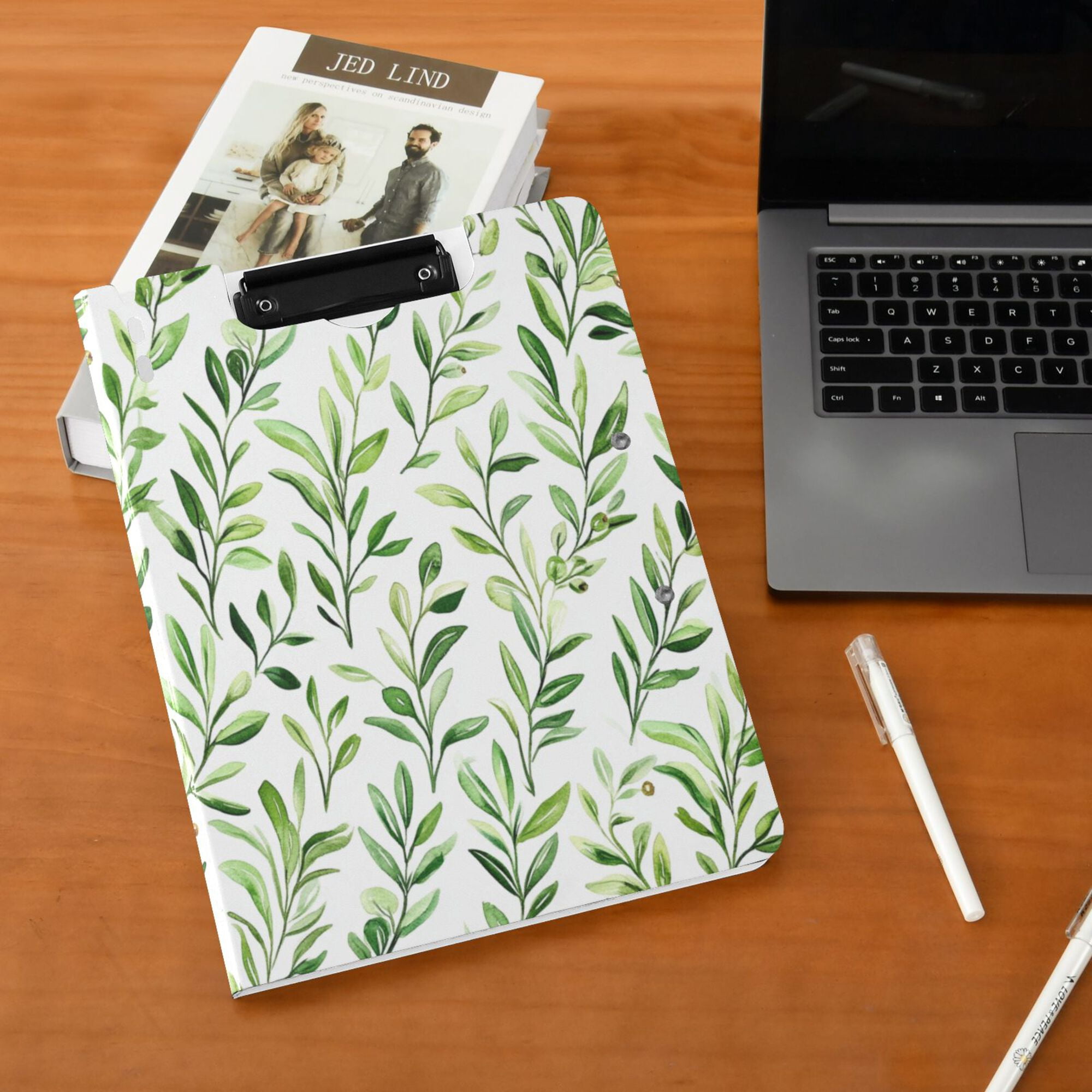FORMRS A4 Clipboard Folder with Pen Holder Horizontal Foldable School Office Binder, Green Leafy Pattern