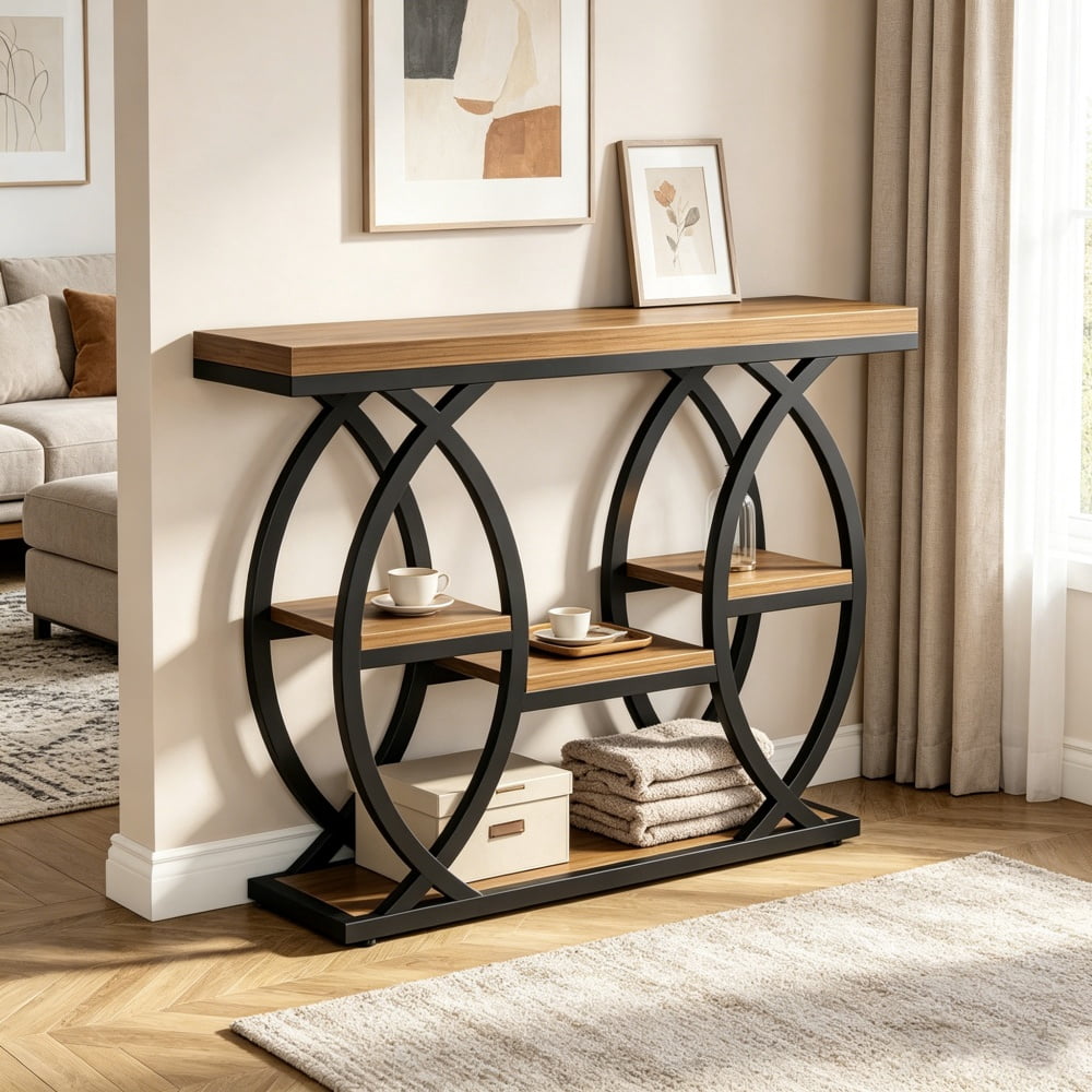 4-Tier Industrial Console Table, Rustic Top with Geometric Metal Frame, Narrow Entryway Sofa Table with Anti-Tip Device & Adjustable Foot Pads for Home Decor