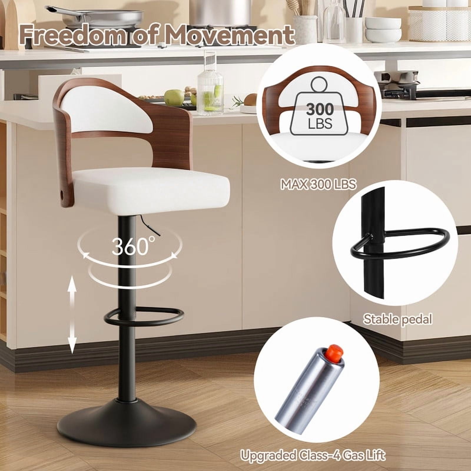 Daluvenix Swivel Bar Stools Set of 4, Wooden Kitchen Bar Chairs with Back, PU Leather Counter Height Barstools for Kitchen Island, White