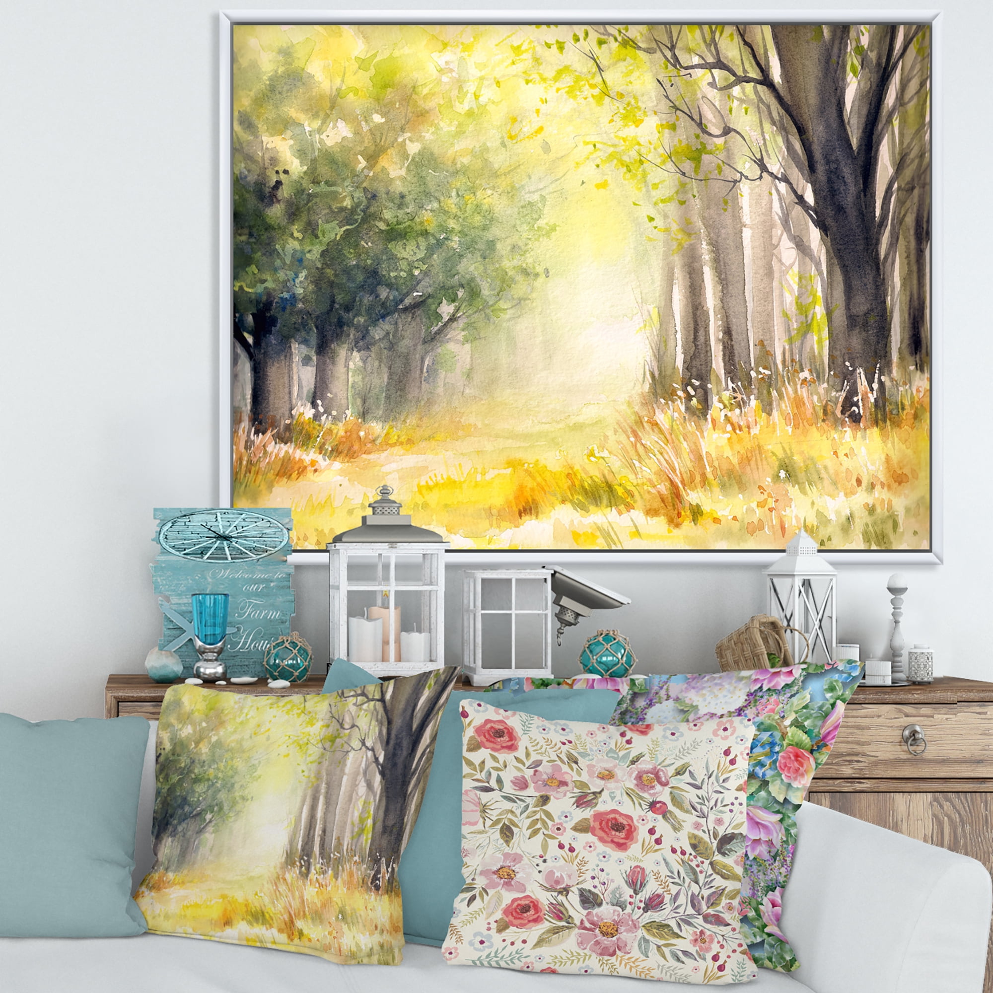 Designart 'Bright Sunshine Through The Yellow Forest Trees III' Traditional Framed Canvas Wall Art Print