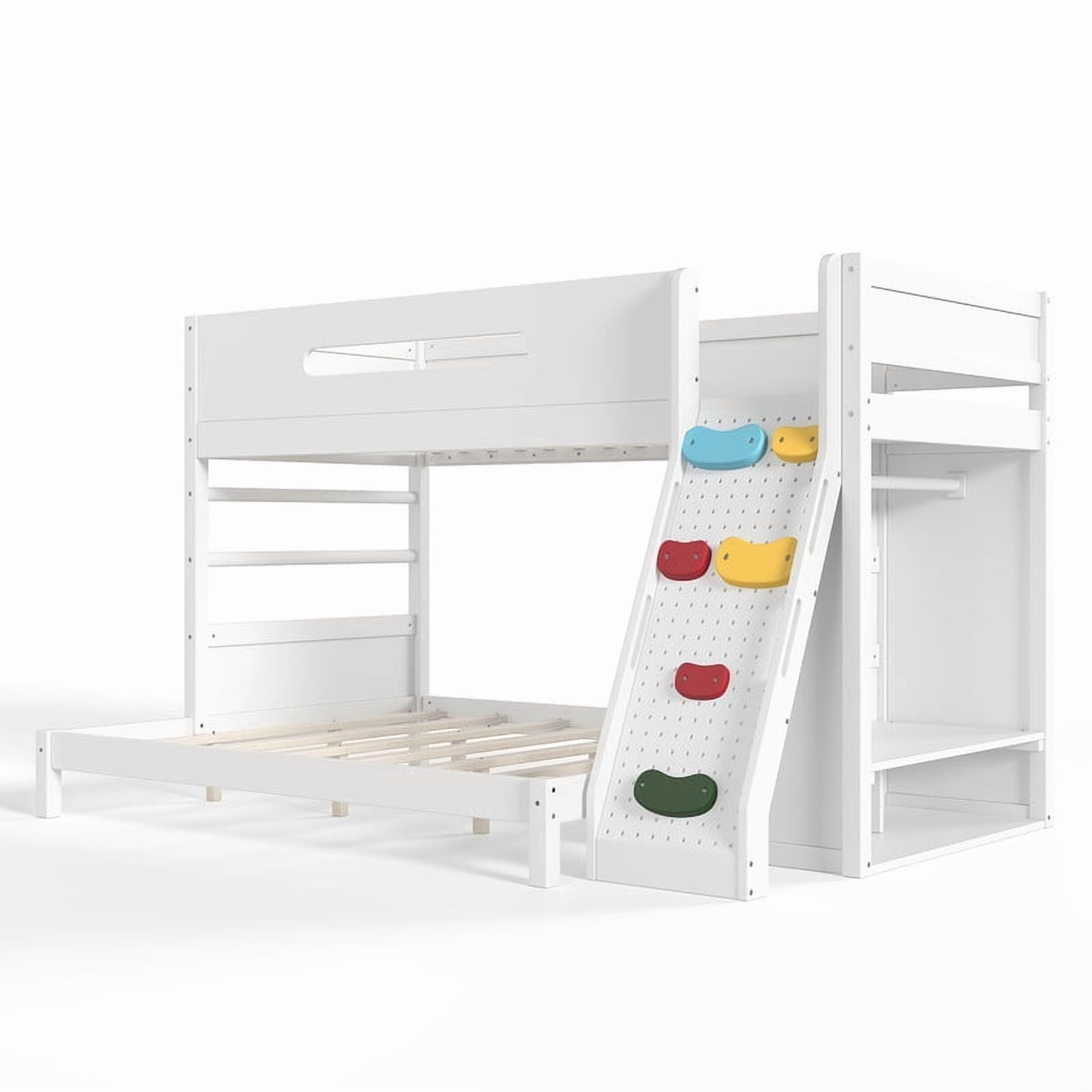 Twin XL Over Queen Bunk Bed with Built-In Wardrobe & Storage, Solid Wood Kids Bunk Bed with Guardrails, Rock Climbing Wall & Upgraded Slats, No Box Spring Needed