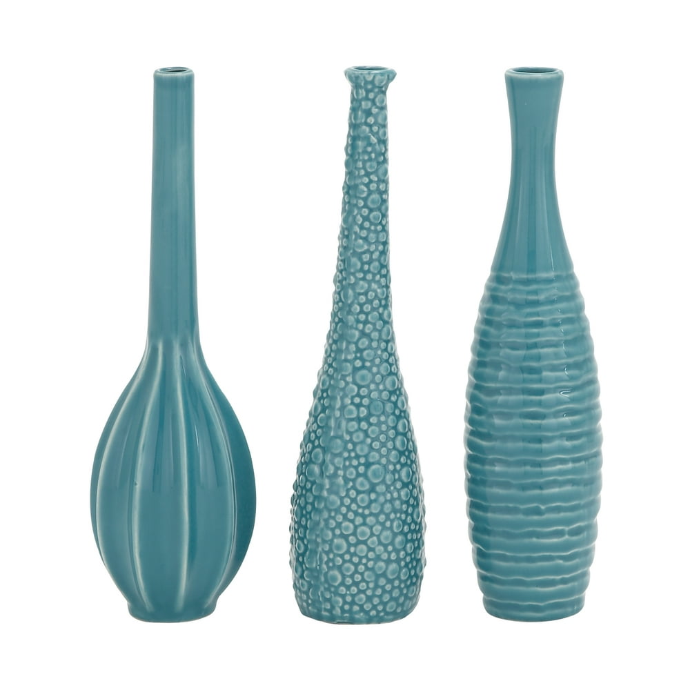 Decmode Set of 3 Modern Glazed Light Blue Ceramic Vases
