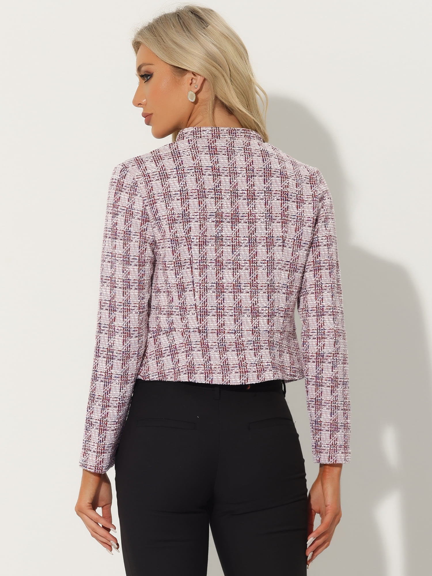 DARING DIVA Women's Elegant Stand Collar Business Plaid Tweed Blazer L Pink