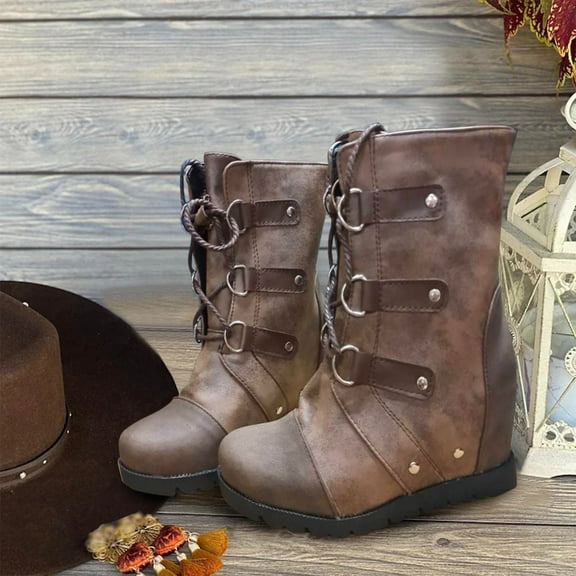 Wavsuf Cowgirl Boots for Women Wide Calf Round Toe Short Ankle-High Lace Up Dark Gray Shoes Size 39