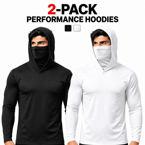 Greenink Men's 2 Pack Hooded Sun Protection Shirt with Built-in Face Mask, Lightweight Quick Dry Long Sleeve Fishing Hiking Outdoor Rash Guard Tee, black white