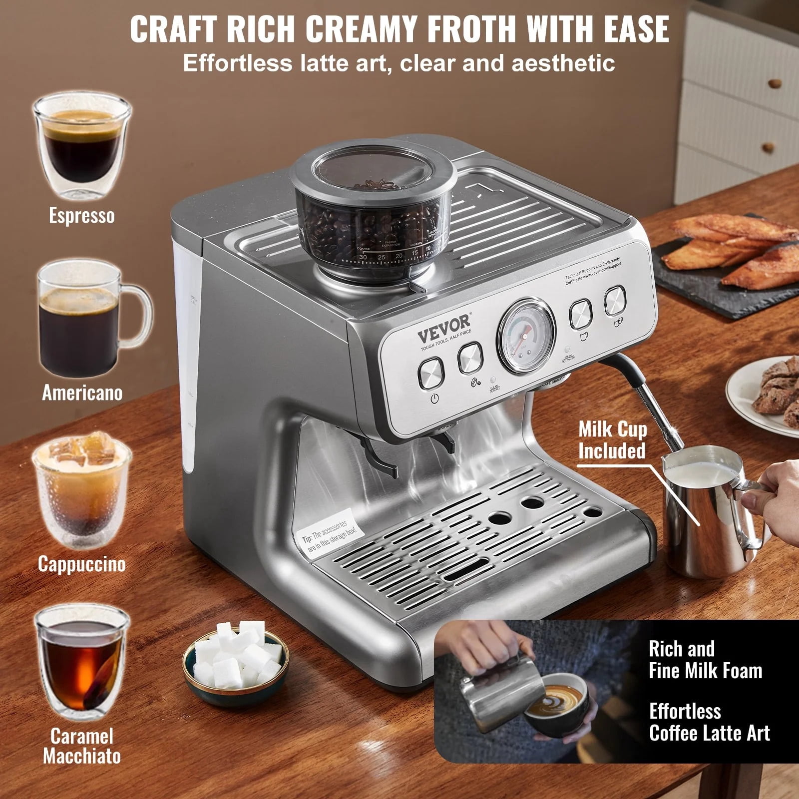 Vevor BZDYSKFJYMKAH5JSRV1 15 Bar Semi-Automatic Espresso Coffee Maker with Milk Frother Steam Wand
