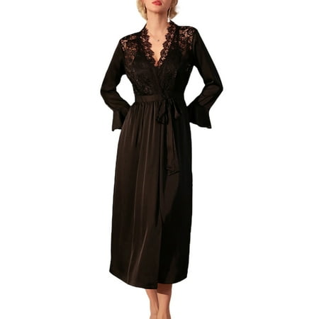 Tao Tao Womens Long Robe Kimono Lace Silk Satin Bathrobe Dress Babydoll Plus Size Pajama Nightgown With Belt Black L