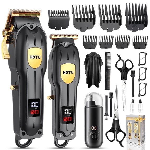 HOTU Hair Clippers for Men, 23 Pcs 3‑in‑1 Cordless Grooming Set with Nose Hair Trimmer, LCD Display, Professional Barber Set for Home Haircuts