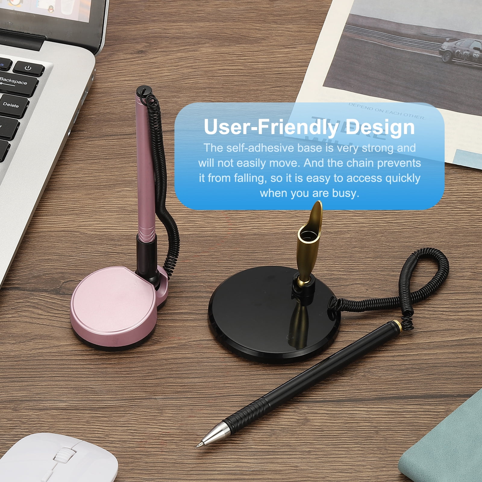 Uxcell 12 Pcs Secure Pen with Adhesive Chain and Security Pen Holder, Reception Counter Pens Desktop Pen Black Ink Refills for Desk Workplace Office Home Supplies, Flat Base, White