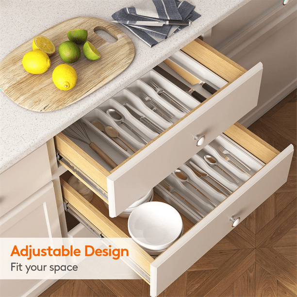 Organizador de cajones para cubiertos, bandeja expandible para utensilios  de cocina, soporte ajustable para cubiertos y cubiertos, color blanco