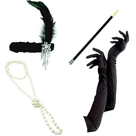 Roaring 20's Flapper Accessories Set: Headband,Gloves,Cigarette Holder,Pearl Necklace
