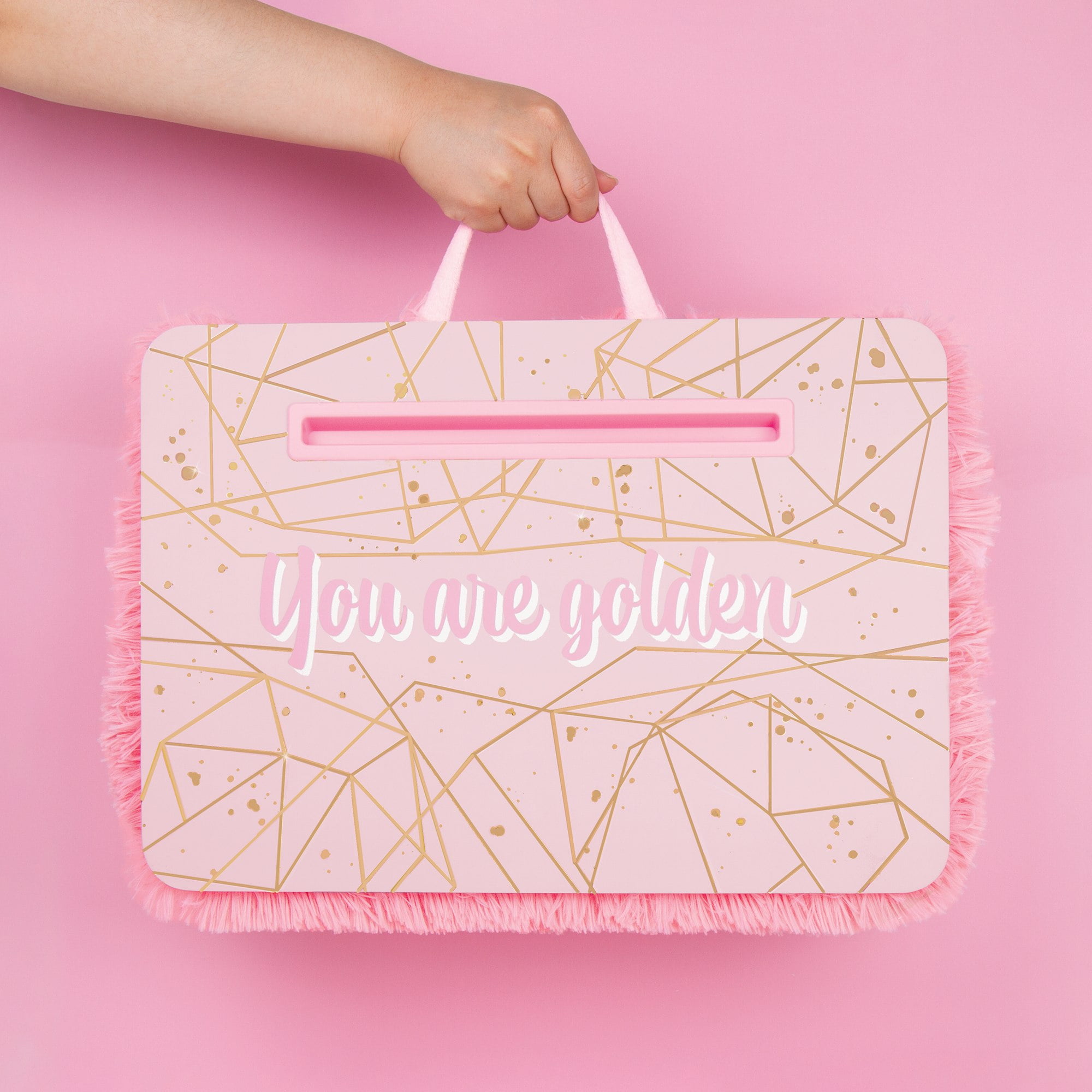 Three Cheers for Girls: Pink & Gold Deluxe Fur Portable Lap Desk -  W/ Handle & Versatile Media Slot - 12” x 17”,  Perfect For Fun & Homework, Ages 6+